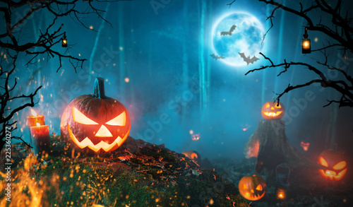 Spooky halloween pumpkins in dark forest