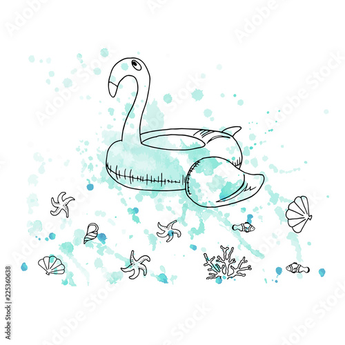 Vector illustration. Pen style drawn flamingo rubber ring on watercolor background. Fish, sea stars, shells and coral. Line vector objects. Element of print design.