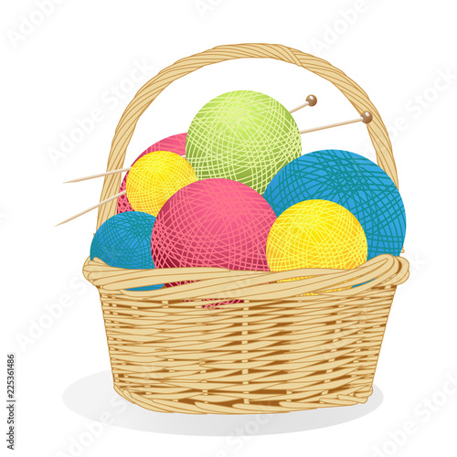 basket with colored balls of yarn and knitting needles. 