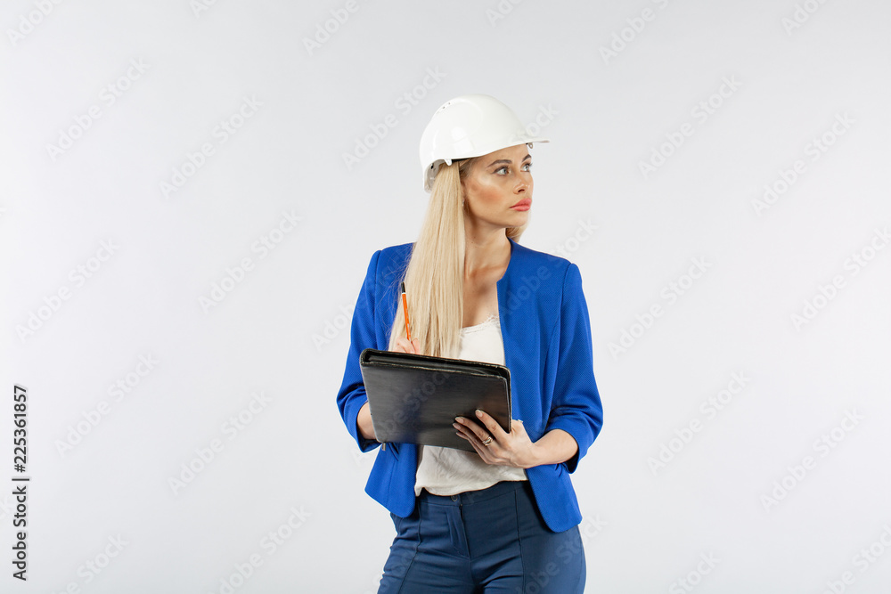 Worker contractor woman on white background. The foreman builder accepting or controling the work Worker contractor woman on white background. The foreman builder accepting or controling the work