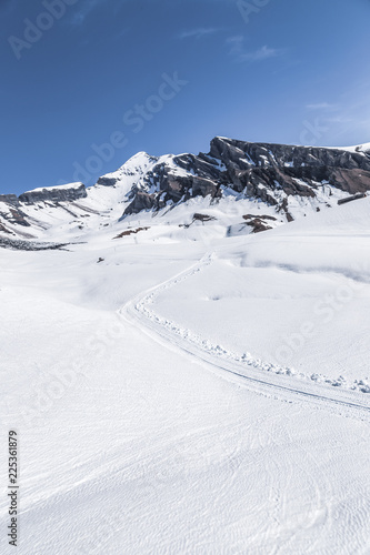 White melting snow on mountain and peak at Apls alpine in Switzerland , Europe