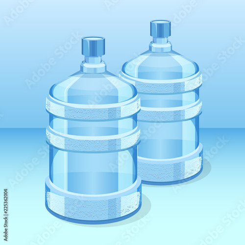 Two realistic plastic bottles for office water cooler. Barrel, gallon, plastic container for with water. bottle Vector illustration.