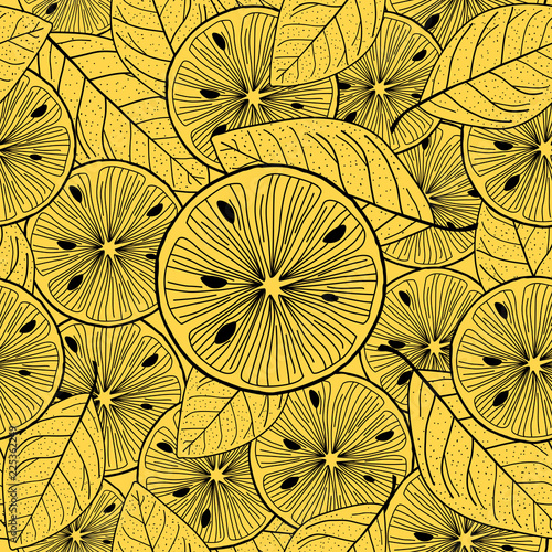 Sliced lemon over yellow. Seamless Vector Background.