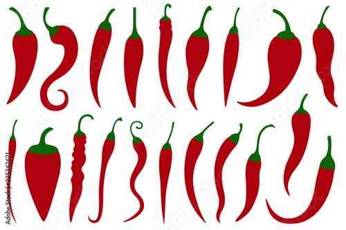 Set of different hot red chili peppers isolated on white