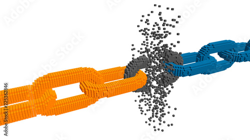 Broken voxel chain. Blockchain concept. 3d Vector illustration