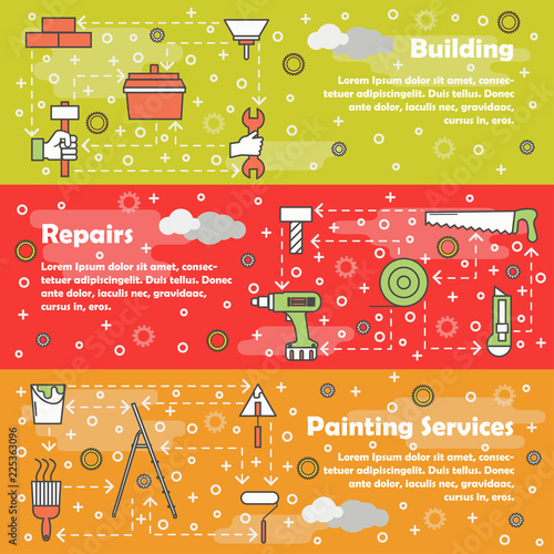 Vector thin line repair web banner template set