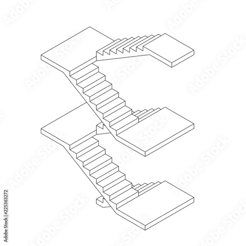Staircase with platforms. Vector outline illustration. Isometric projection