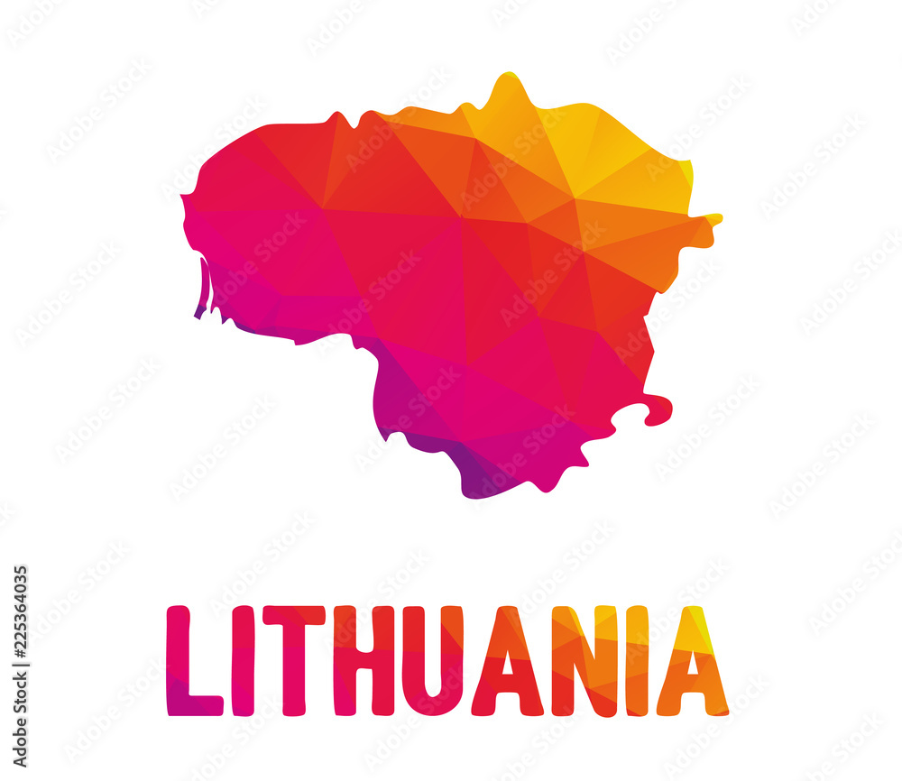 Low polygonal map of the Republic of Lithuania (Lietuvos Respublika) with sign Lithuania, both in warm colors; country in the Baltic region of northern-eastern Europe, one of the Baltic states