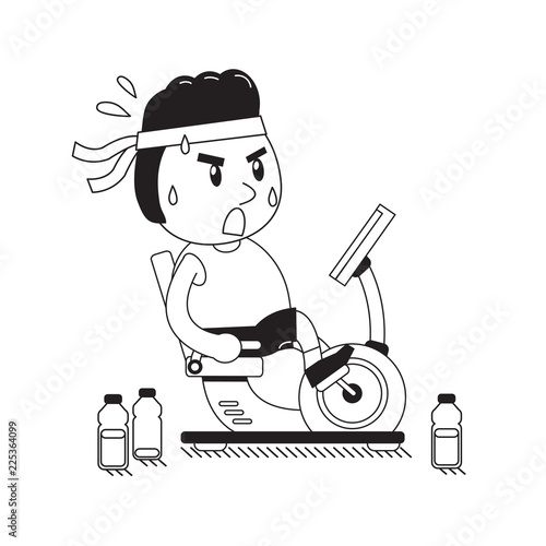 Cartoon fat man riding recumbent exercise bikes for design.
