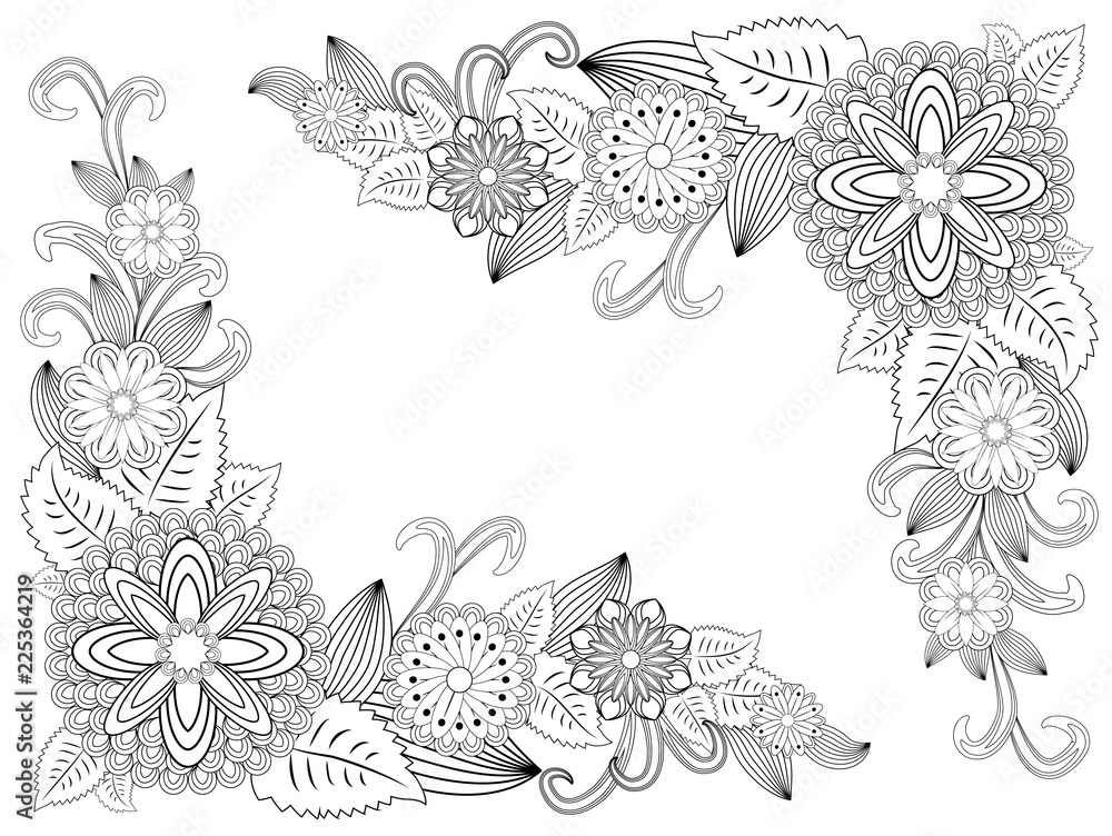 Fototapeta premium illustration zentangl. Flower frame for photo. Coloring book. Antistress for adults and children. Black and white.