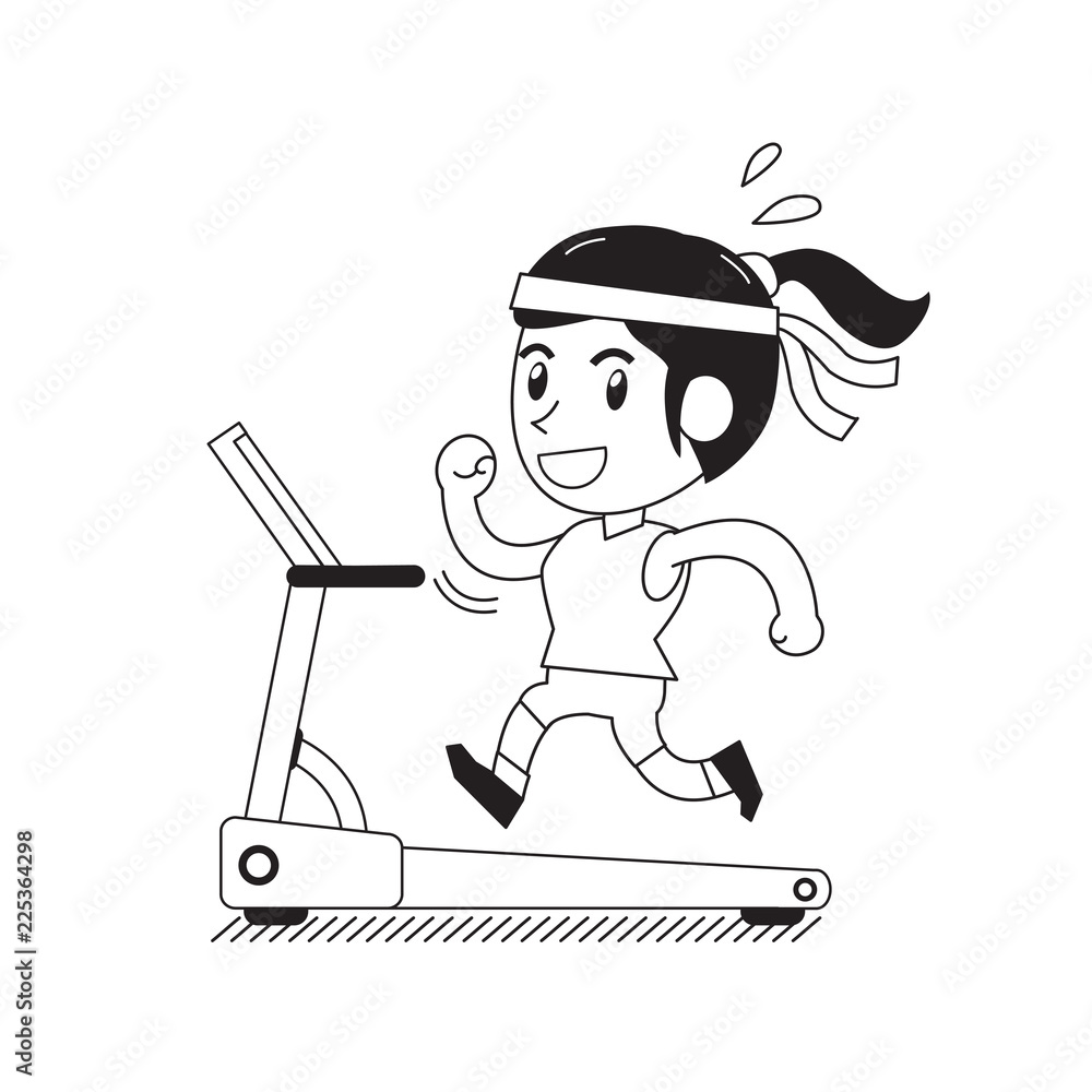 Cartoon woman running on treadmill for design.