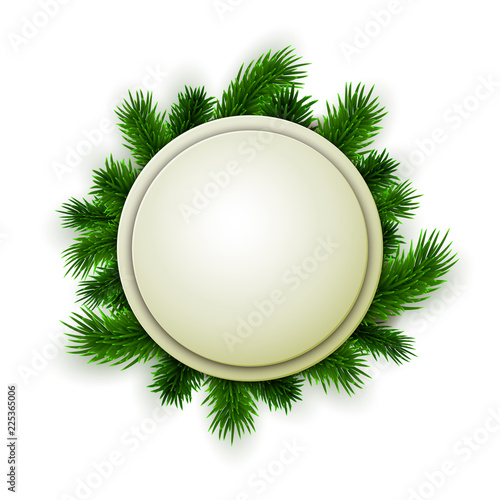 Round Christmas banner decorated with fir tree branches, vector illustration