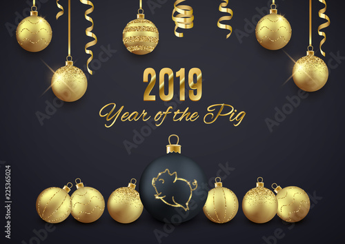 Pig glitter logo on Christmas decorative ball, New year 2019 chinese horoscope symbol, vector illustration
