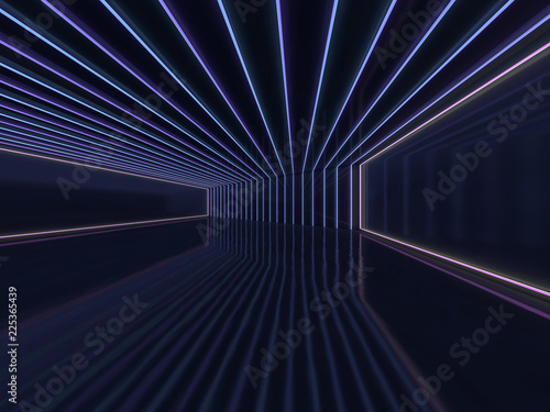 Background of an empty room with walls and neon light. Neon rays and glow. 3D