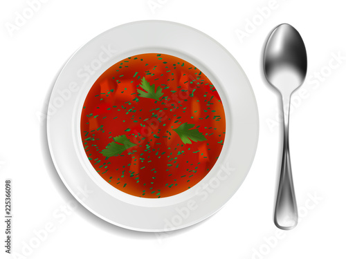 White porcelain plate with red soup and parsley on white background. Realistic style. Vector illustration.