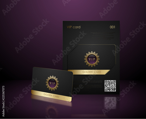 Vector black vip card presentation with golden frame. VIP membership or discount card. Luxury club ticket. Elite black coupon. Vip card with jewel element on purple background.