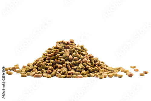 Cat and dog food on white background