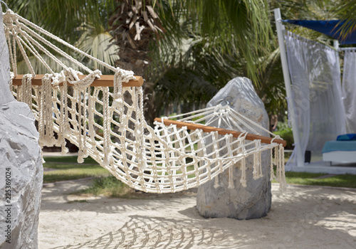 Hammock on tropical beach. City escape, Anti stress vacation, Relax, Summer holidays concept