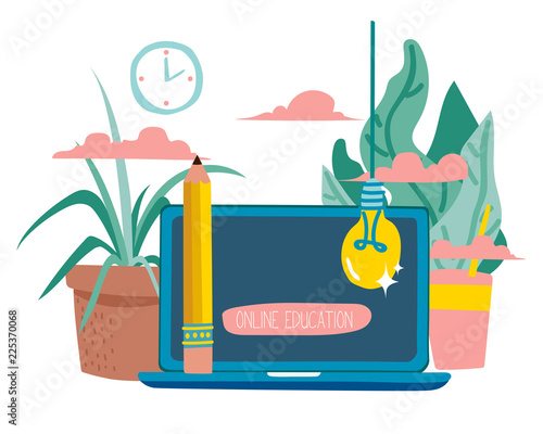 Modern flat vector illustration of designer or student interesting in design trends at work desk. Educational background of people learning