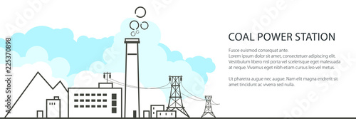 Coal Power Station Banner, Complex Industrial Facilities with the Power Line and Mine, Coal Industry, Vector Illustration