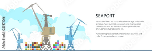 Cargo Cranes and Containers at the Seaport and Text, International Freight Transportation Banner, Vector Illustration