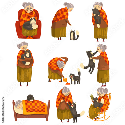 Cute granny and her black cat set, lonely old lady and her animal pet vector Illustration on a white background