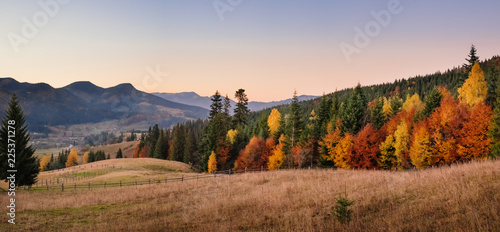 Autumn landscape of forest hills and mountains on sunset. Clear sky and colorful trees