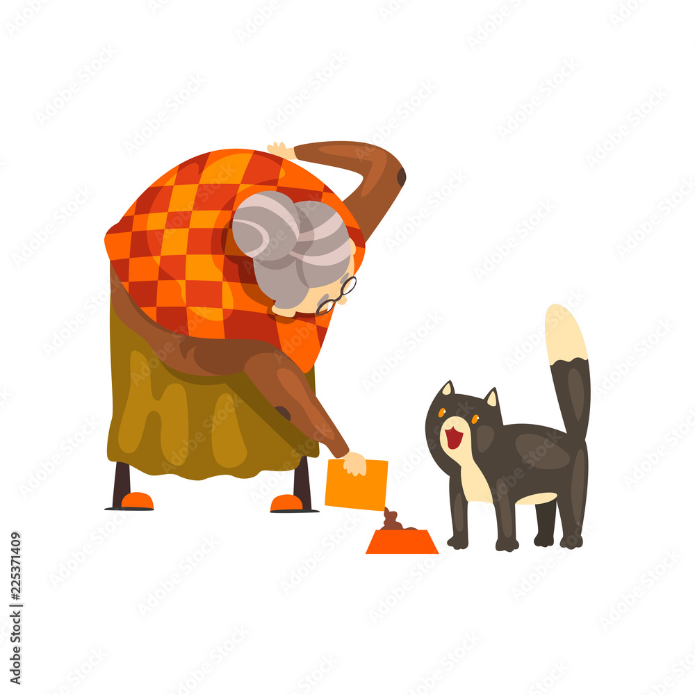 Cute granny feeding her black cat, lonely old lady and her animal pet  vector Illustration on a white background Stock Vector | Adobe Stock