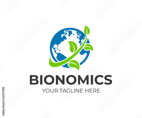 Planet earth with continents and branch with leaves, logo design. Bionomics, ecology and environment protection, vector design and illustration