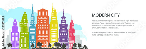 Colorful Modern Big City Banner , Architecture Megapolis with Buildings and Skyscraper, City Financial Center, Vector Illustration