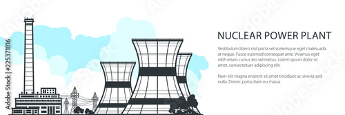Thermal Power Station Horizontal Banner , Nuclear Plant and Text, Nuclear Reactor and Power Lines, Vector Illustration