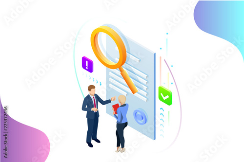 Isometric digital marketing strategy concept. Online business, internet marketing idea, office and finance objects, search engine optimisation, SEO, SMM, advertising. Vector illustration