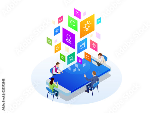 Isometric digital marketing strategy concept. Online business, internet marketing idea, office and finance objects, search engine optimisation, SEO, SMM, advertising. Vector illustration