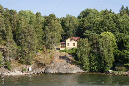 Stockholm  Sweden  Stockholm fjord. Fjords is one of the attractions of the Scandinavian countries  long sea bays with beautiful nature  Islands  nice houses on the banks.