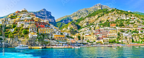 Fotografiet View of Positano village along Amalfi Coast in Italy in summer.