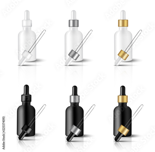 Mock up Realistic Black and white Dropper or Pipette Bottle With Metallic and Gold Cap for Essential Oil Or Skincare Serum Background Illustration
