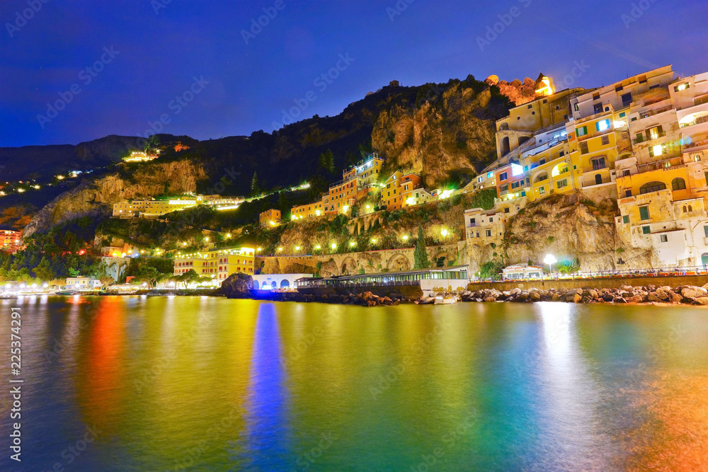 View Of Amalfi Village Along Amalfi Coast In Italy At Night. Stock Photo |  Adobe Stock