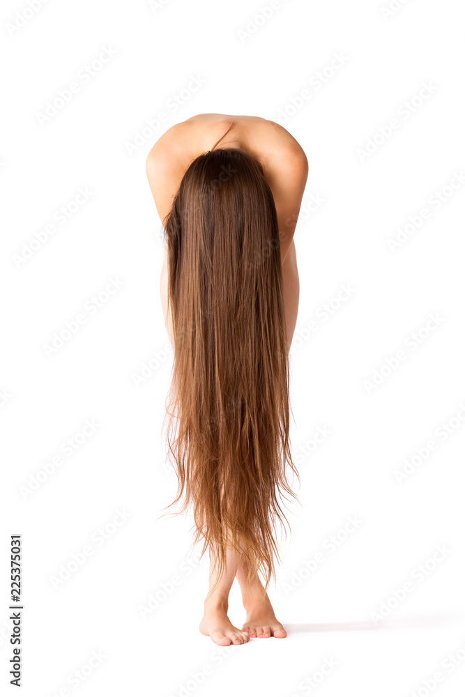 Art nude, naked woman with long hair isolated on white background Stock  Photo | Adobe Stock