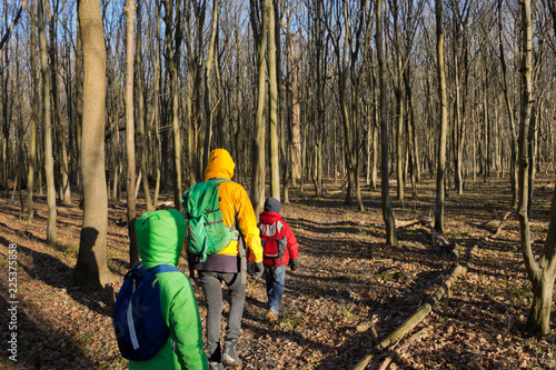 Family hiking through a floodplain forest in national park Donau-Auen, the last remaining major wetlands environment in Central Europe.