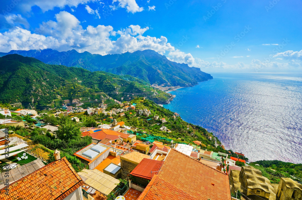 View of the Amalfi Coast from Ravello village in Italy on a sunny day in summer.