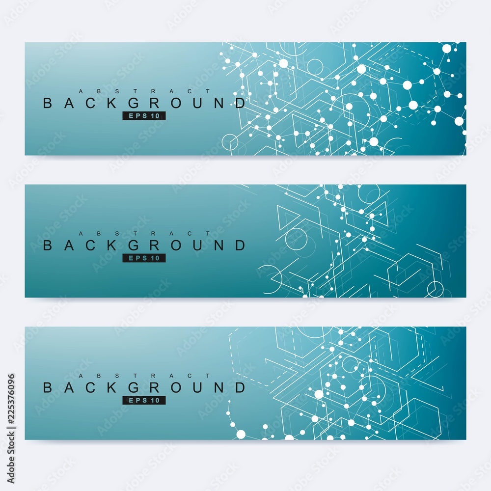 Scientific set of modern vector banners. DNA molecule structure with connected lines and dots. Science vector background. Medical, tecnology, chemistry design
