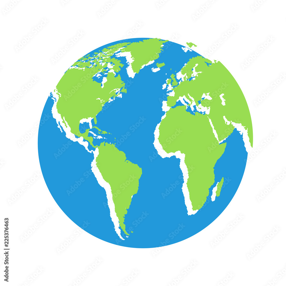 Earth, globe icon. Vector. World map isolated on white background.