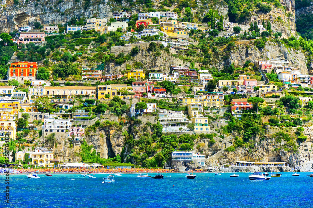 Fototapeta premium View of Positano along Amalfi Coast in Italy in summer.