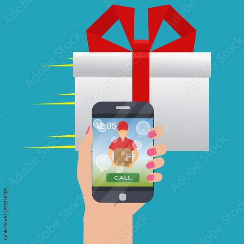 Present quick solution. Vector illustration. Fast gift delivery service concept.