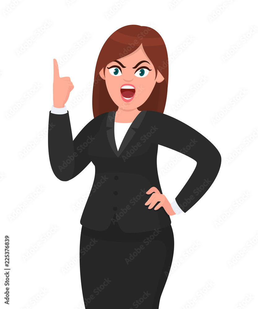 Angry businesswoman shouting or screaming with raising hand showing index finger. Human emotion and body language concept illustration in cartoon vector style. Angry businesswoman shouting or screaming with raising hand showing index finger. Human emotion and body language concept illustration in cartoon vector style.