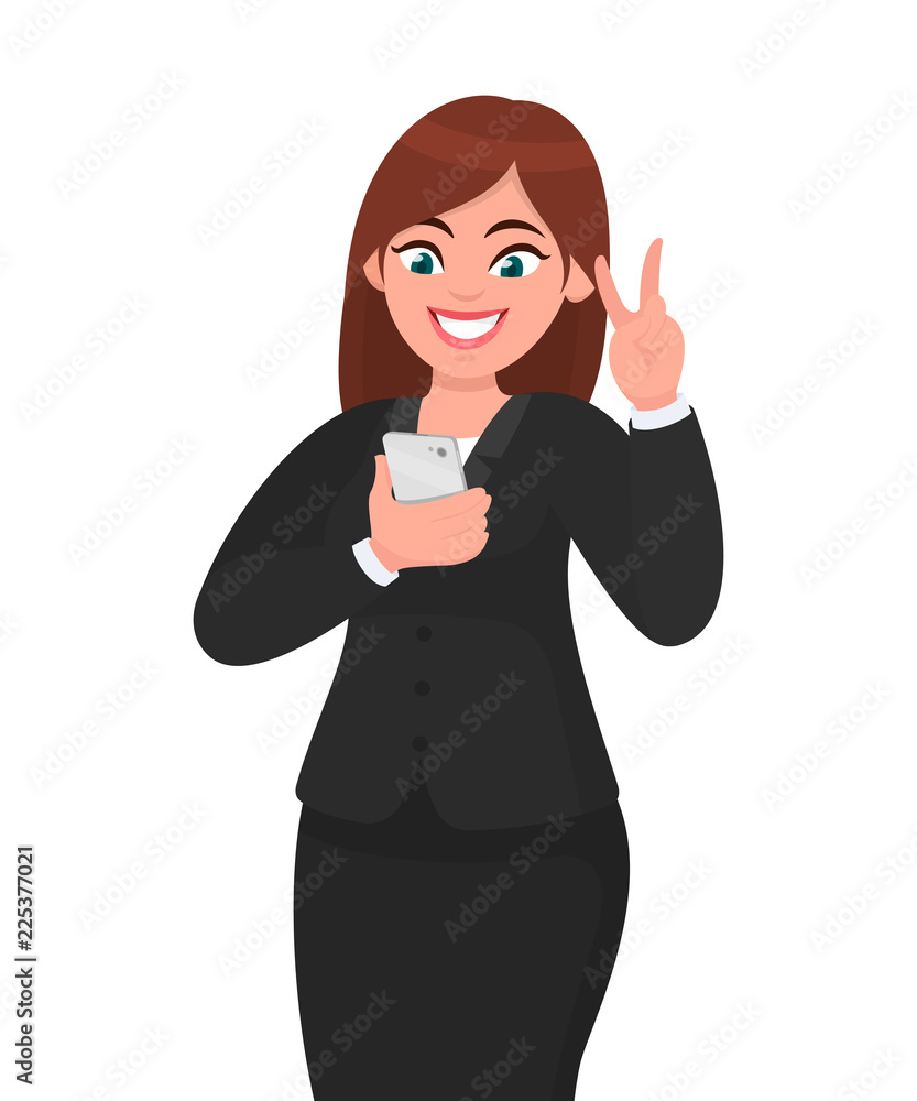 Happy businesswoman taking selfie and showing victory/peace/freedom sign while feeling exited. Social network, technology, application, mobile app concept illustration in vector cartoon style.