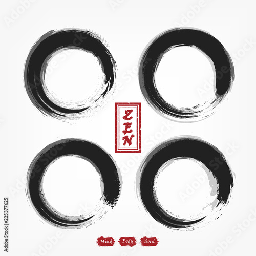 Enso zen circle compilation set . Sumi e design . Black and gray overlap color . Red stamp with zen alphabet . Gray gradient background . Vector illustration