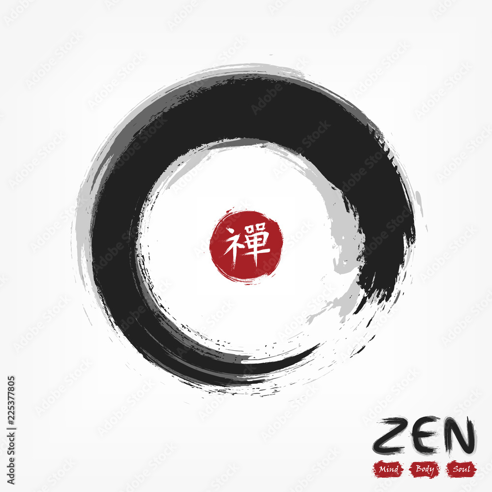 Fototapeta Enso zen circle style . Sumi e design . Black gray overlap color . Red circular stamp with kanji calligraphy ( Chinese . Japanese ) alphabet translation meaning zen . Gray gradient background . Vector