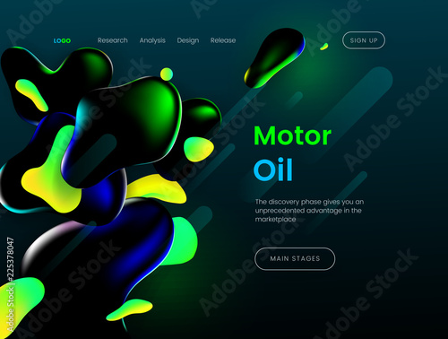 Landing page template with a green background color and abstract liquid shapes - Motor Oil, can be used for natural lubricants, gas industry, energy business, branding ecological bio fuel web sites