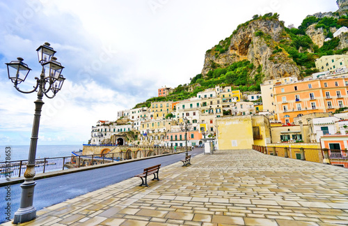 View of Atrani village along Amalfi Coast in Italy on a cloudy day in summer.